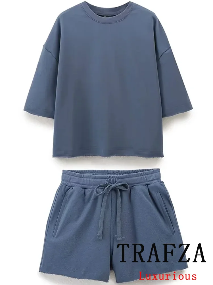 TRAFZA Vintage Casual Chic Women Suit Solid O-Neck Short Sleeve Top Straight Elastic Loose Shorts New Fashion 2024 Summer Sets