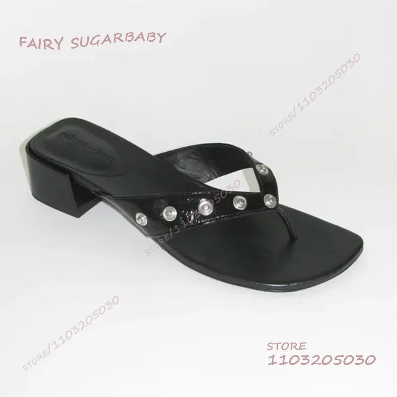 

Black Buttoned Low Heel Slippers Women Rivet White Leather Square Open Sandals Tabi Slingback Summer Flats Girls Vacation Shoes