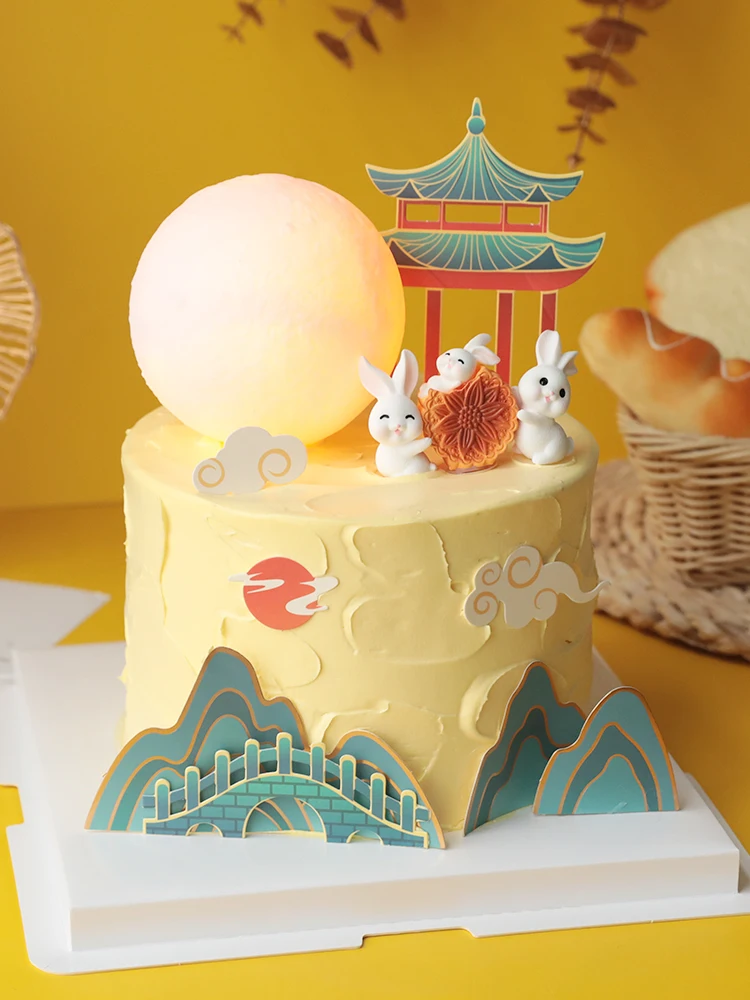 Mid-Autumn Festival Cake Decoration Mini Mooncake Rabbit Doll Ornaments Inserting Chinese Festivals Cake Topper Moon Viewing