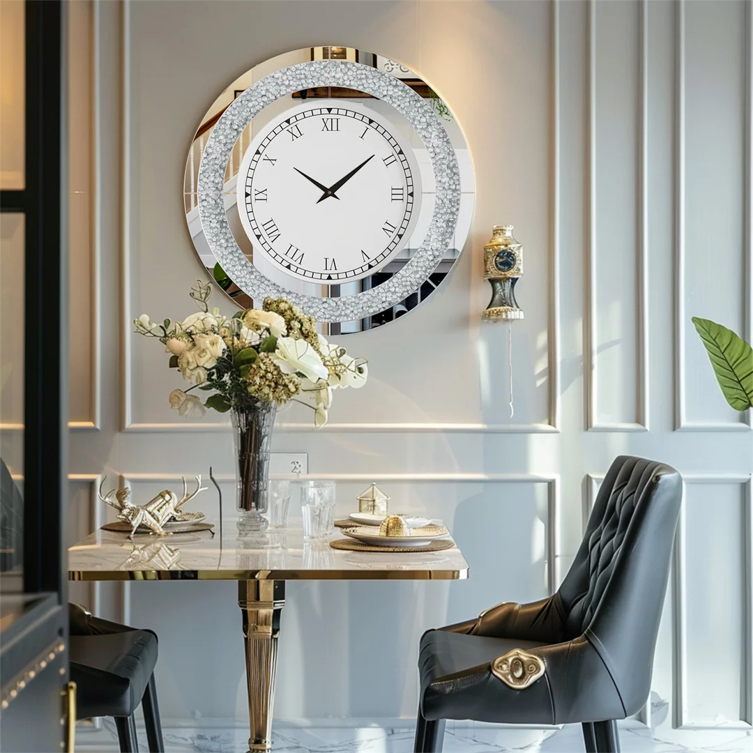 LUVODI Wall Clock Mirror Clock Sparkle Bling Round Diamond Wall Clock with Silver Tawny Tinted Crystal Crushed