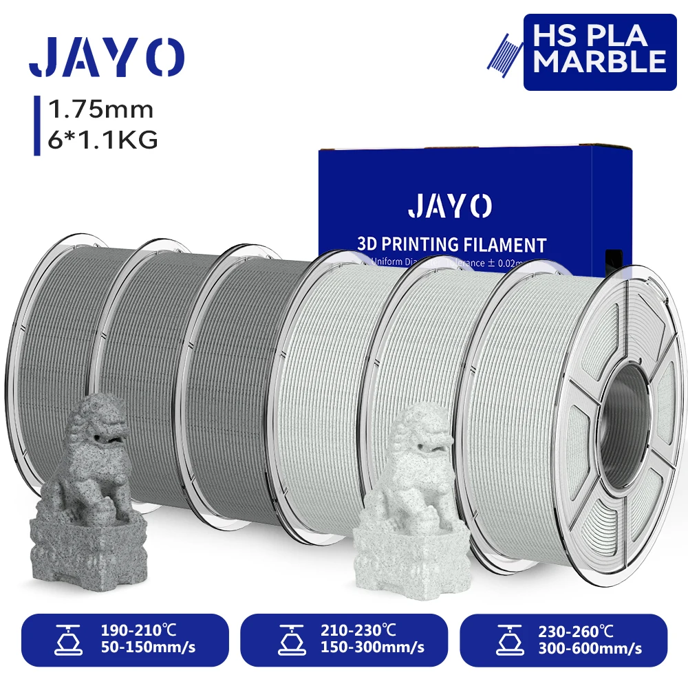 JAYO 6 Rollen Hochgeschwindigkeits-PLA-Marmor-3D-Druckerfilament 1,75 mm für FDM-3D-Drucker, Hochgeschwindigkeits-3D-Druckmaterial mit Marmorstruktur
