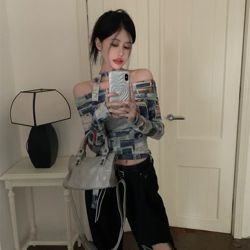 Retro Printed T-shirts Women Slash Neck Office Lady Long-sleeved Tops 2024 Spring and Summer Slim Thin Daily Basic Blouse Female