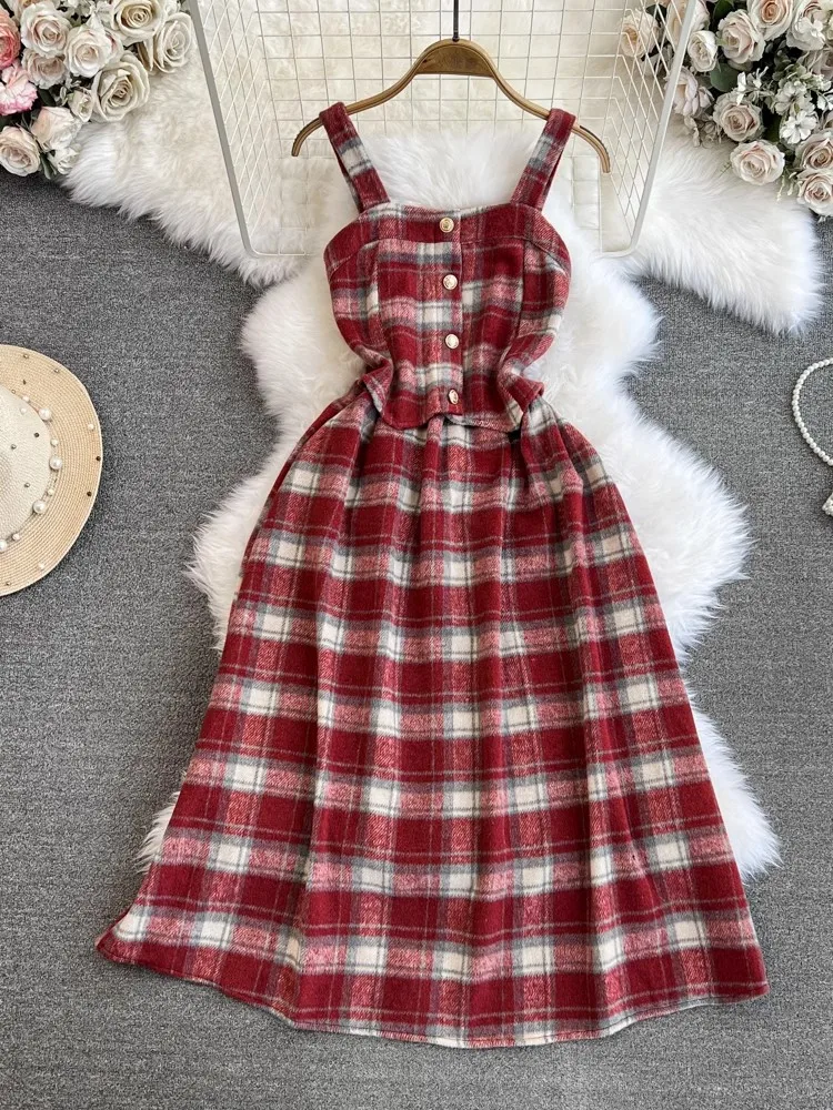 

New Fashion Plaid Woolen Dress Women Autumn Winter Spaghetti Strap Dress Streetwear Sleeveless Long Sundress