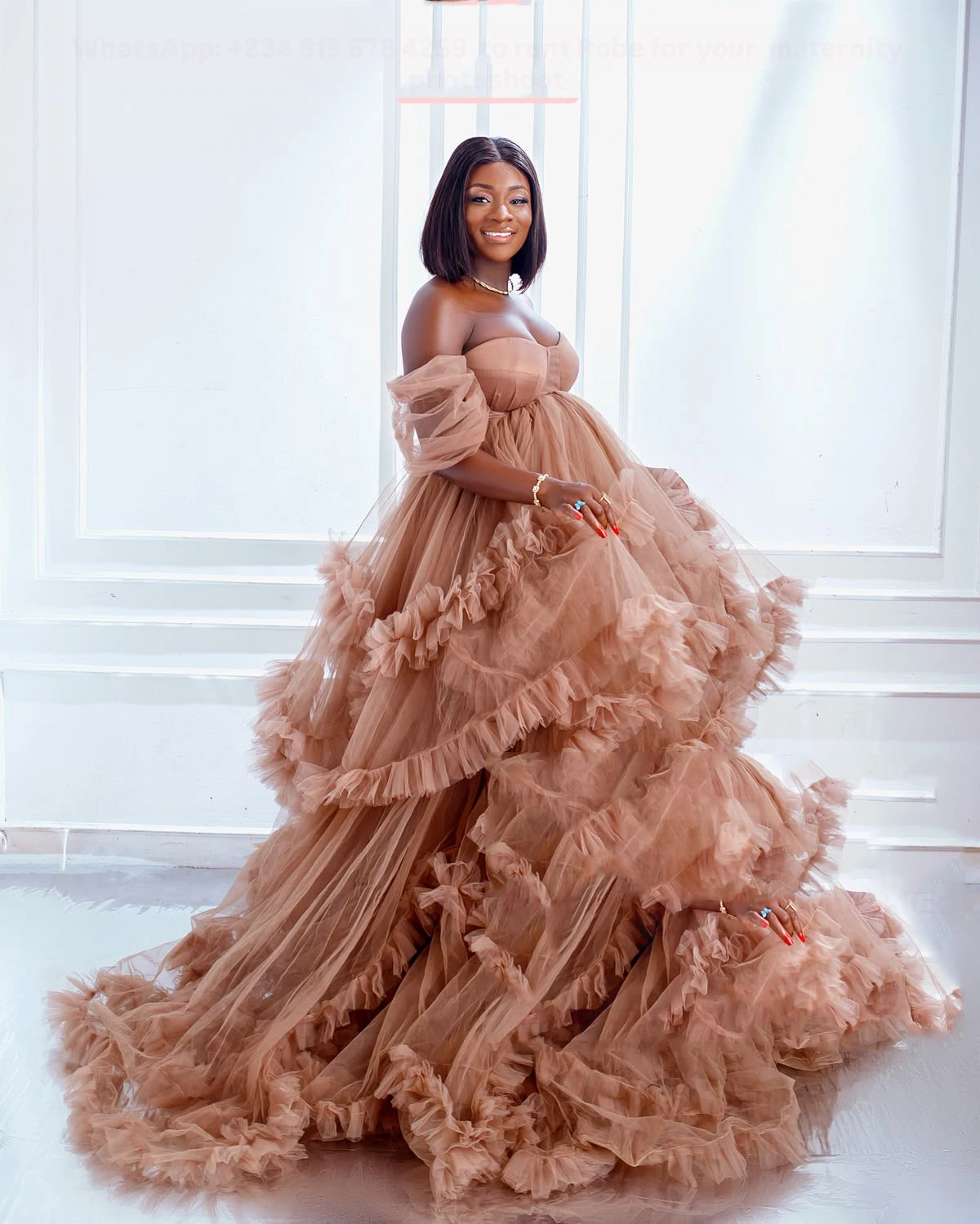 Fashion Dusty Pink Ball Gown Pregnancy Dresses for Party Tiered Ruffle Exaggerated Tulle Maternity Dress Open Front Woman Robes