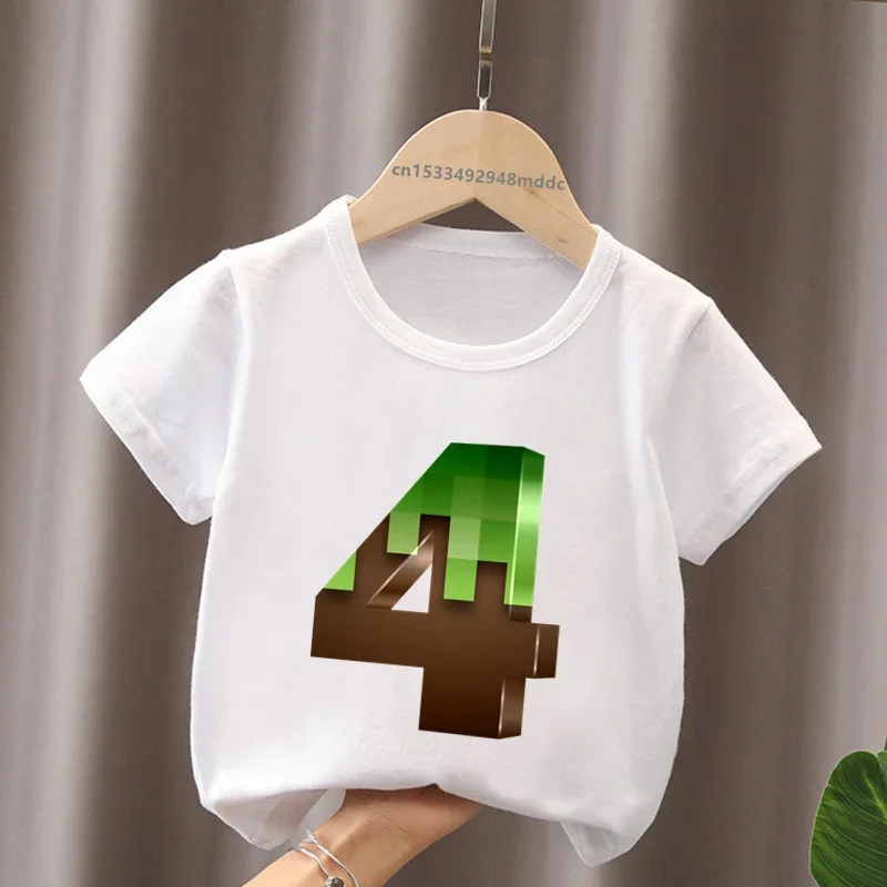 Happy Birthday Mc Game Print Number Bow Funny Kids T shirt 1 2 3 4 5 6 7 8 9 Years Cartoon Baby Boys T-Shirts Girls Clothes
