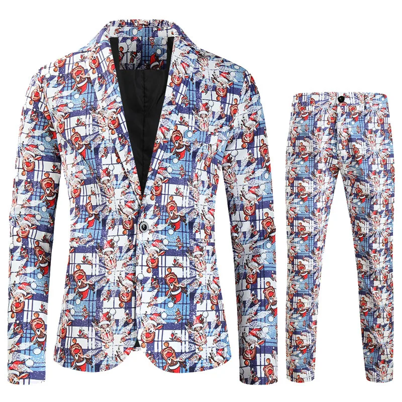 2024 Hot Christmas 3D Digital Printed Mens Suit 2 Pieces Set, Festive Casual Handsome Tide Blazer with Pant, 14 Styles Available