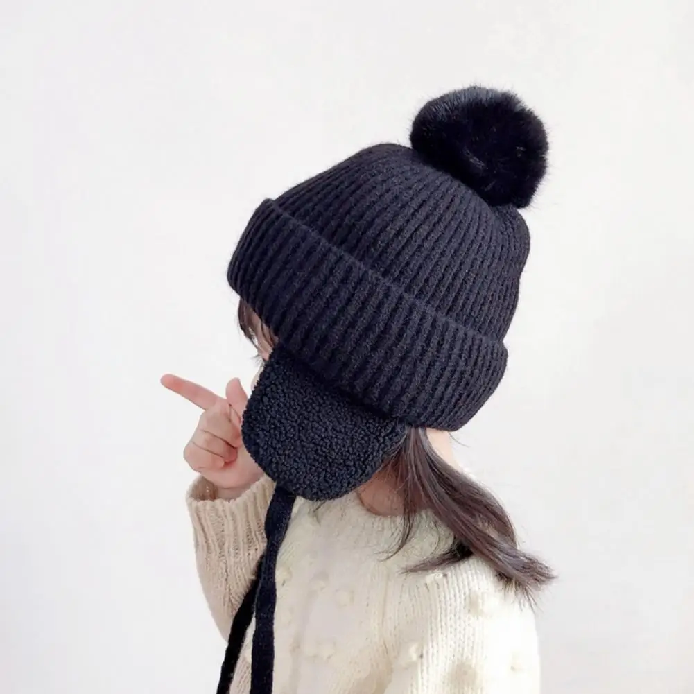Children Hat Thickened Wool Knit Hat With Pom-Pom Ball Decor Extended Ear Flaps Design Fleece Lining Warm Winter Hat 겨울 모자