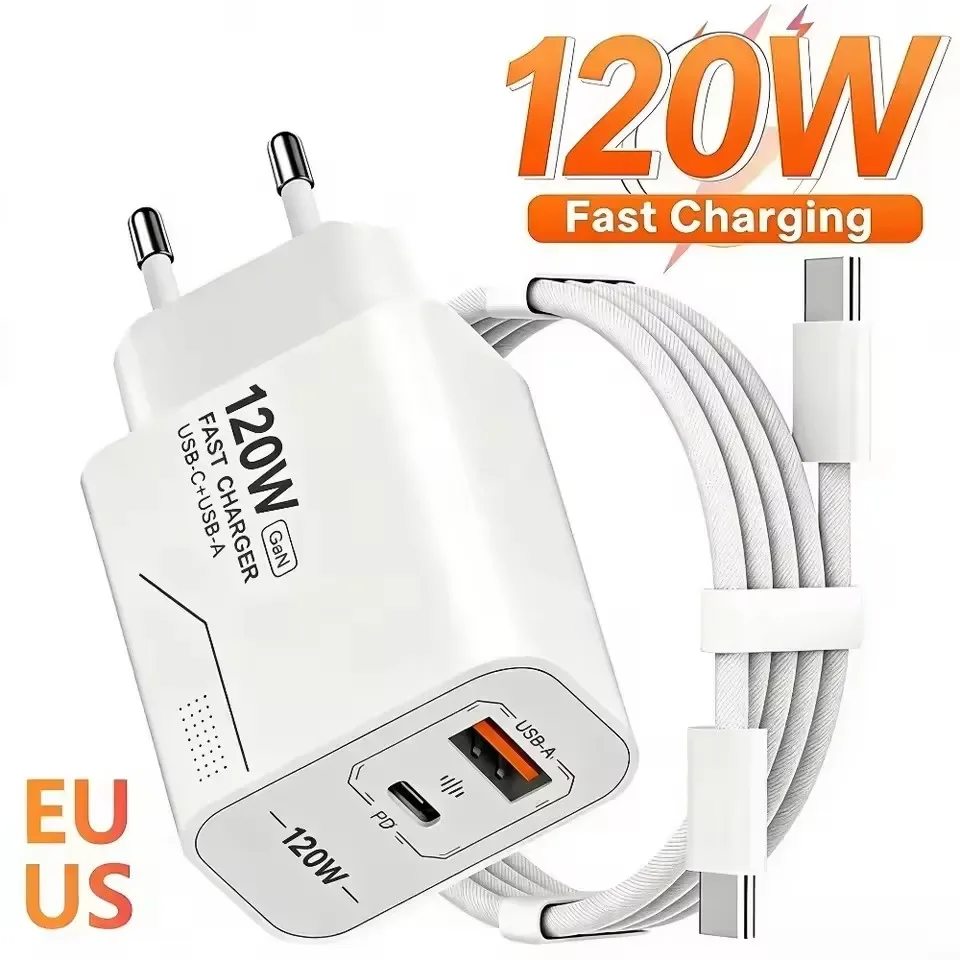 120W Fast Charging Charger 2-Port Wall Adapter US/EU Plug Phone GaN Charger Type C Charging Cable For iPhone Samsung Xiaomi