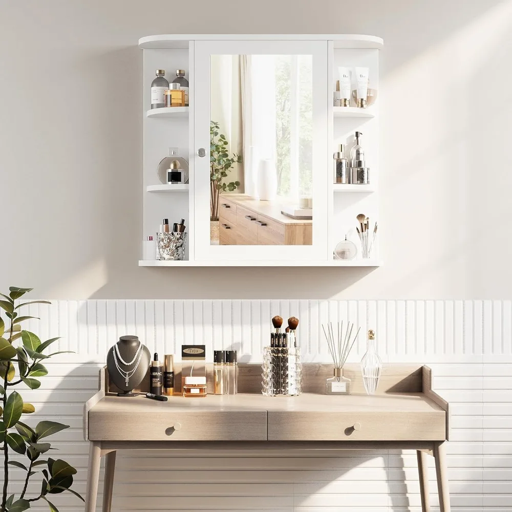 Bathroom Wall Cabinet with Mirror, Wall Mounted Medicine Cabinet with 4 Internal and 6 Open Shelves, Mirrored Door Over The Toi