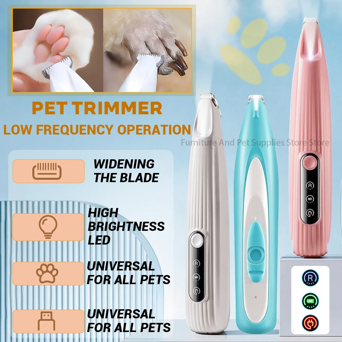 

Professional Dog Grooming Clippers & LED Light LCD Display 18mm Wide Blade for Paw Trimming Low Noise Cordless Pet Hair Trimmer