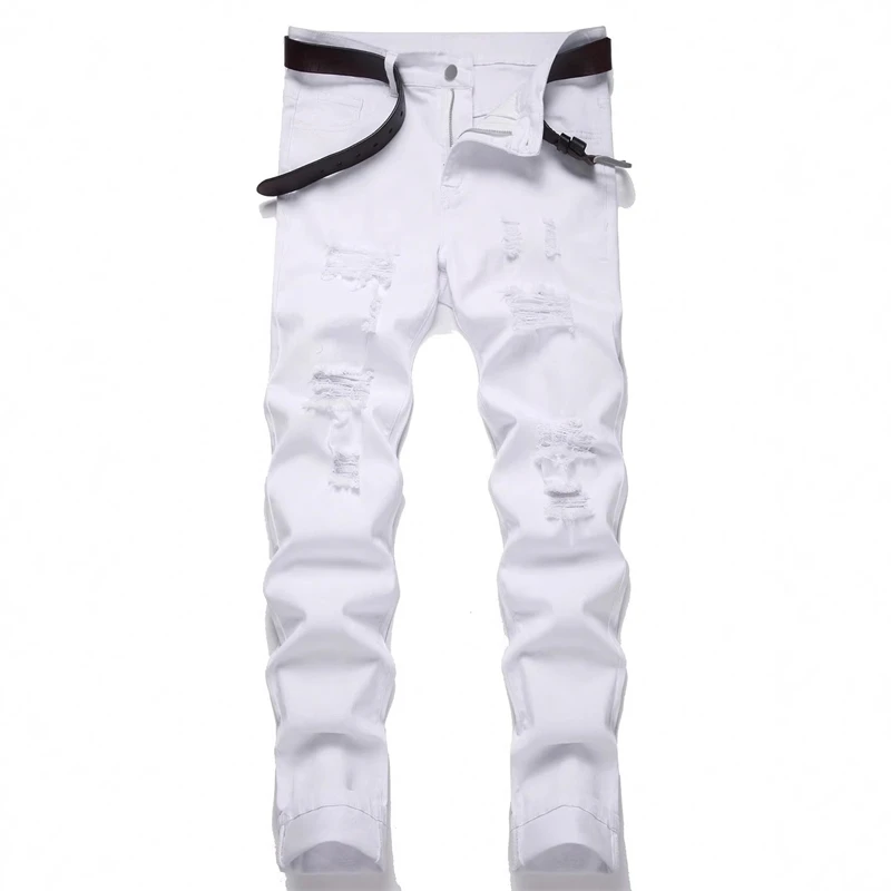 2026 New Men's White Ripped Jeans Hip-Hop Rock Distressed Y2K Pants Streetwear Stretch Slim Straight Washed Denim Trousers