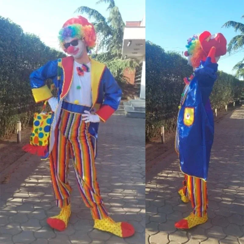 Модель смешного костюма клоуна, костюмы, шляпа, пальто, комбинезон, галстук-бабочка, полосатые брюки, цветной парик, фальшивый нос, для Хэллоуина и дня рождения Модель смешного костюма клоуна, костюмы, шляпа, пальто, комбинезон, галстук-бабочка, полосатые брюки, цветной парик, фальшивый нос, для Хэллоуина и дня рождения