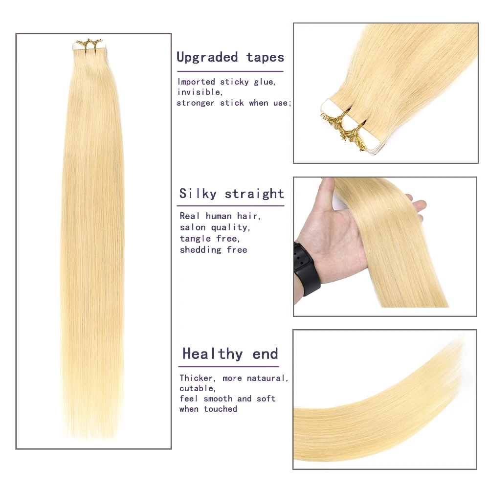 613 Blonde Tape In Extensions 20 Stuks Rechte 100% Remy Echt Haar Naadloze Inslag Tape In Menselijk Haar Extensie Voor Vrouwen 12-24 Inch