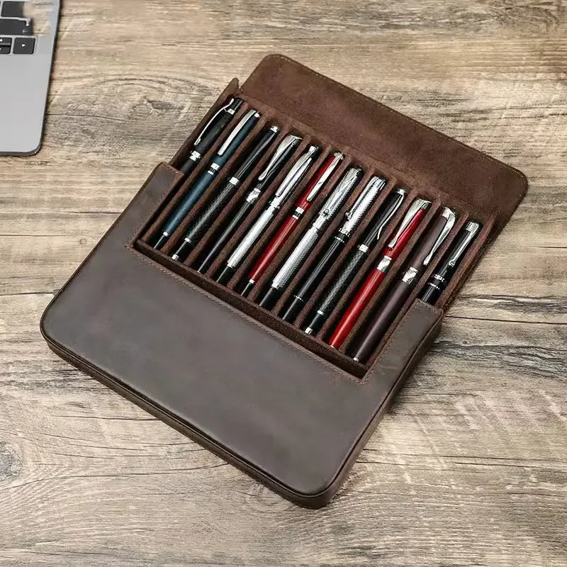 Crazy Horse Leather Large Capacity Pencil Case with 12 Slots Handmade Student Office Stationery Pen Storage Box Business Gifts