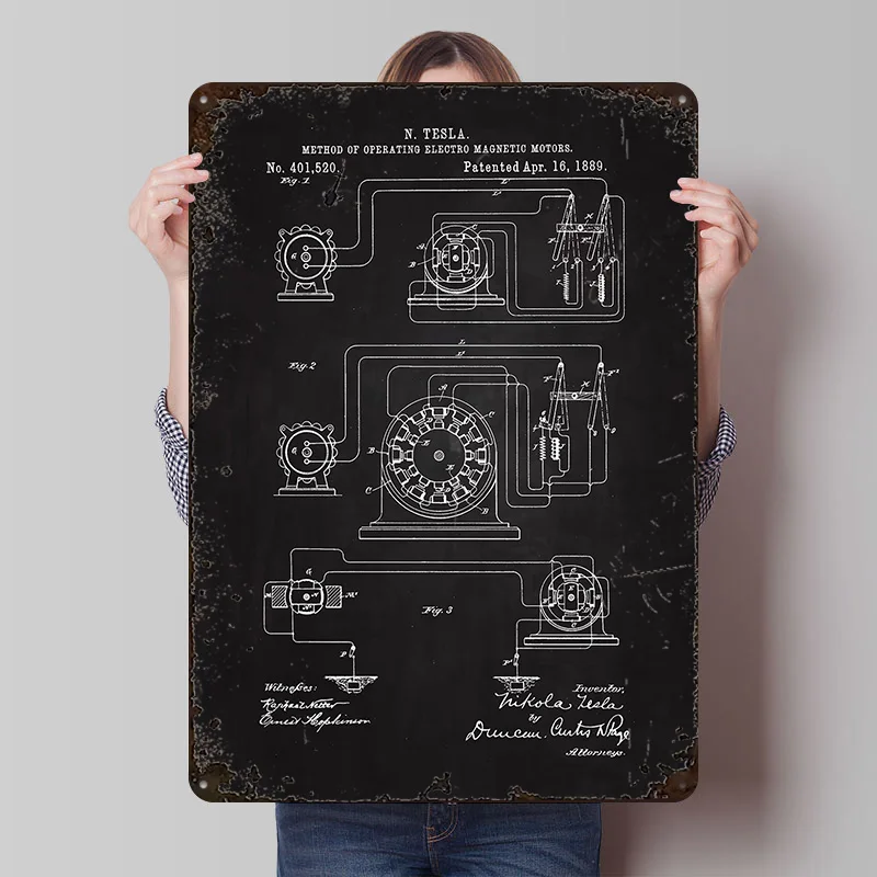 

1889 Tesla Motor Патентованная жестяная вывеска Настенный художественный постер Офисный декор Винтаж Ретро металлические вывески для украшения дома Эстетический декор комнаты