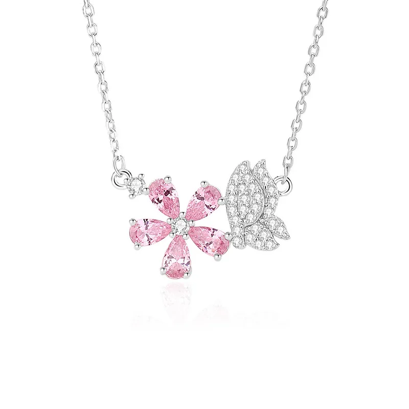 

S925 Silver Butterfly Peach Blossom Necklace for Women Luxury Cross-Border Clavicle Chain Set with Pink Diamond Pendant