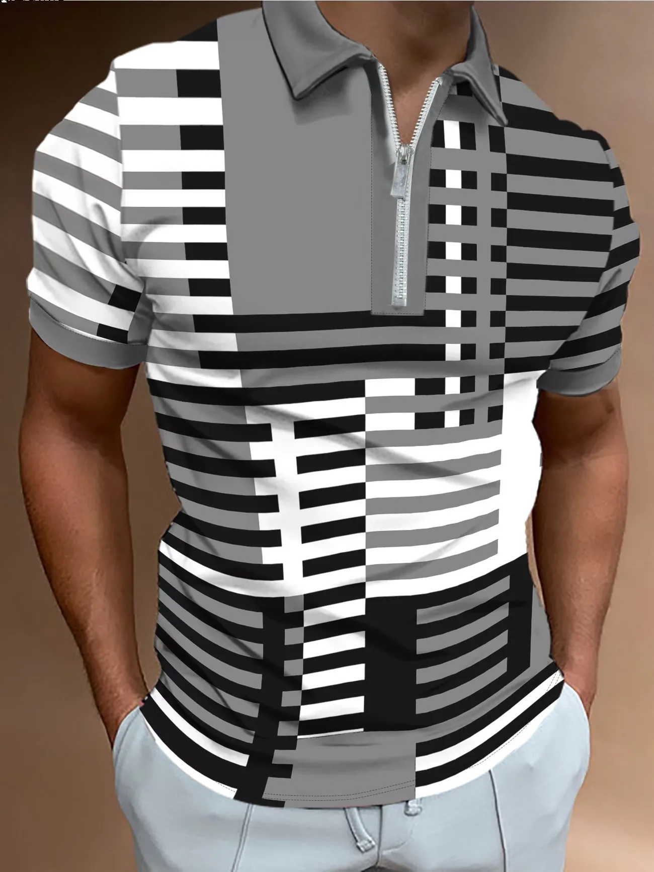 Men's Summer Short Sleeve Zipper Top Geometric Stripe Breathable Polo Shirt Comfortable Lightweight Casual Fashion