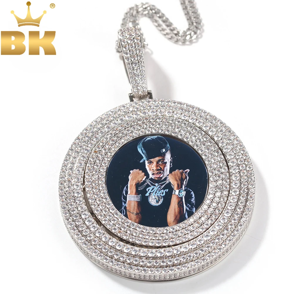 

TBTK Hiphop Spinning Photo Pendant Necklace Full Iced Out Cubic Zirconia Custom Memory Chain Engraved Name Hiphop Jewelry