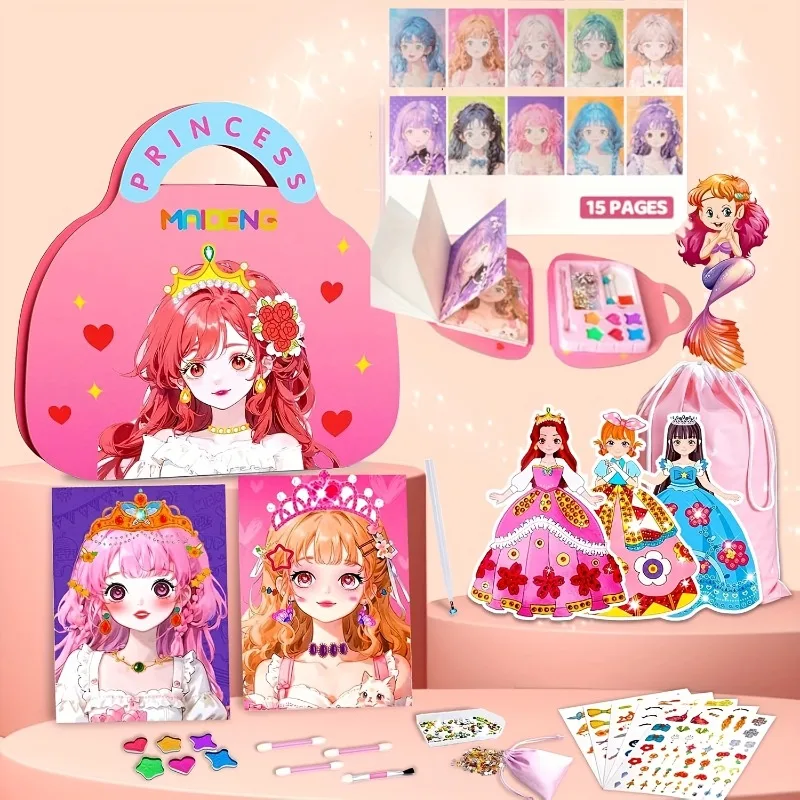 4-in-1 Princess Makeup & Fashion Dress-Up Game Set - DIY Paper Art Craft Kit with Diamond Painting Self-Adhesive Stickers