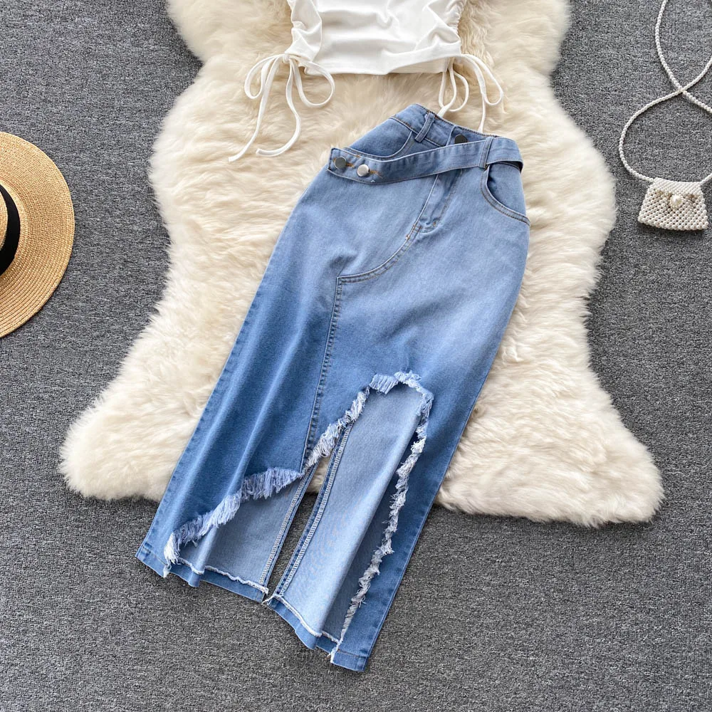 Summer Denim Half Skirt Set for Women Sexy One Shoulder Drawstring Top Slim Vest +Irregular Raw Edge Slit Denim Long Skirts