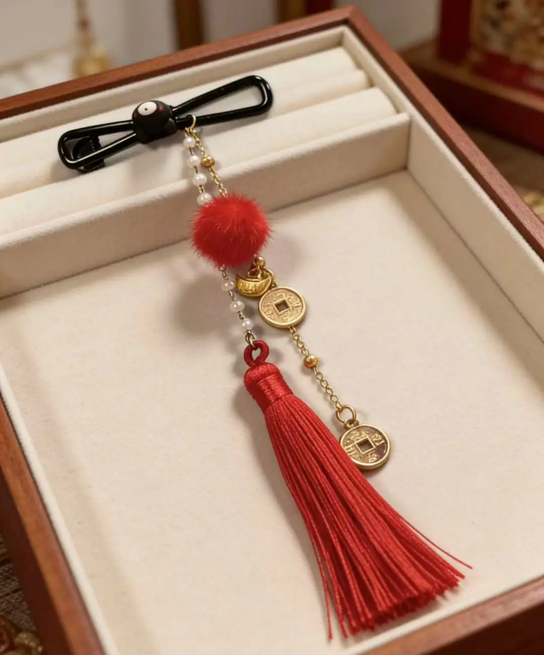 

Festive Bear Hair Barrette with Red Tassel, Traditional Chinese Style Hair Ornamen