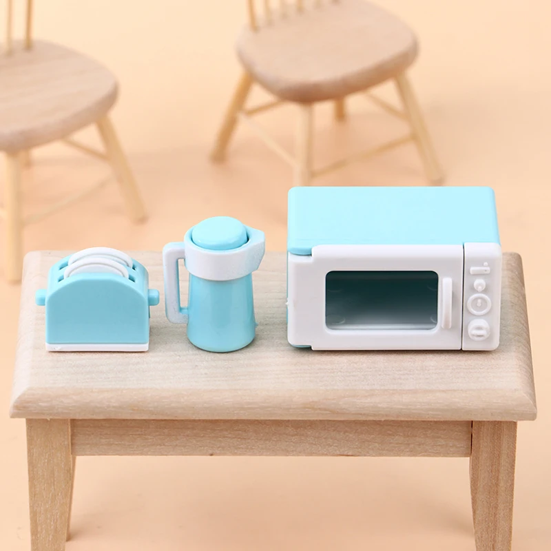 3Pcs/Set Doll Kitchenware 1:12 Dollhouse Mini Microwave Oven Bread Maker Kettle Kit Kitchen Cookware Accessories Toys