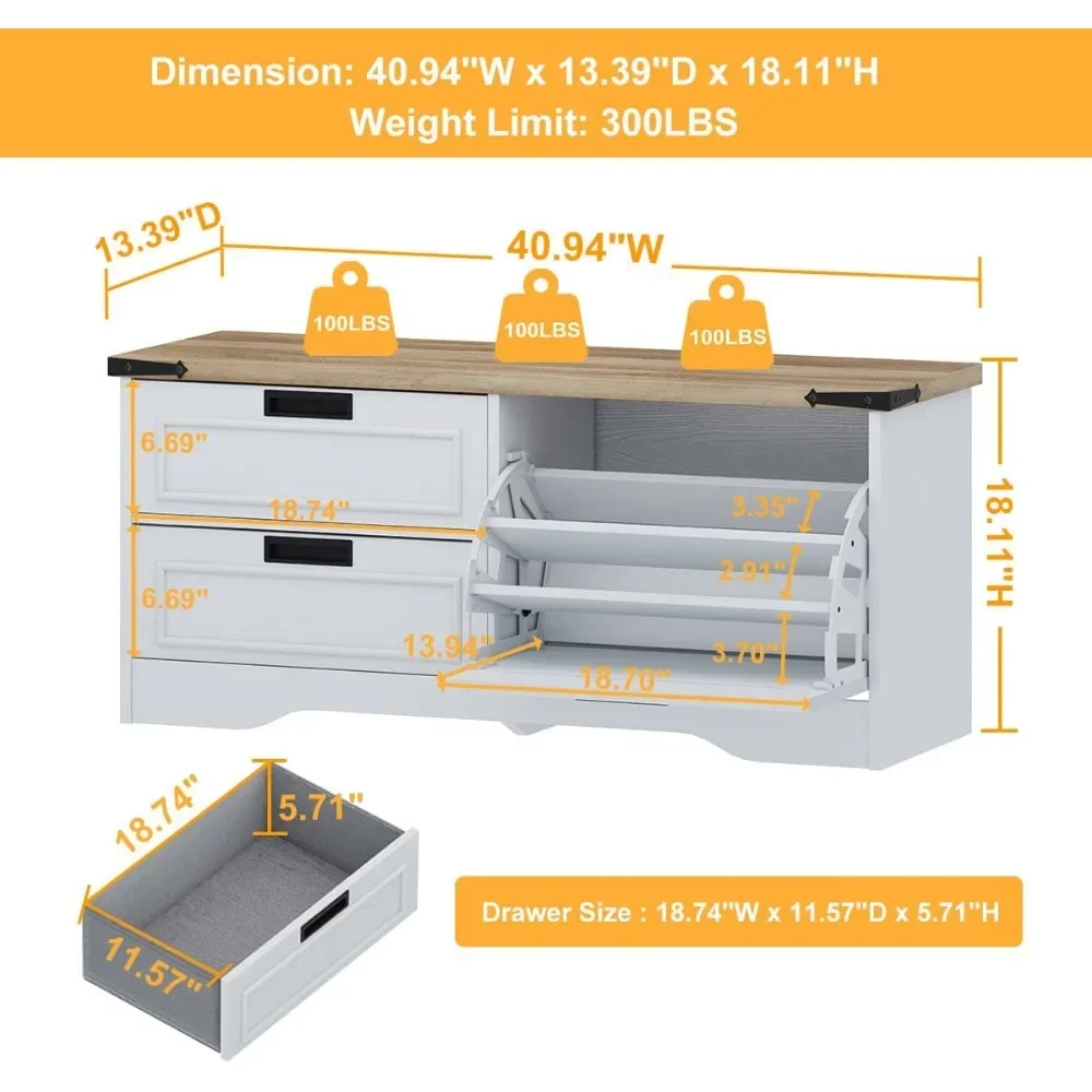 Shoe Storage Bench, Entryway Bench with Flip Drawer, Wooden Entry Way Shoe Cabinet for Living Room Hallway