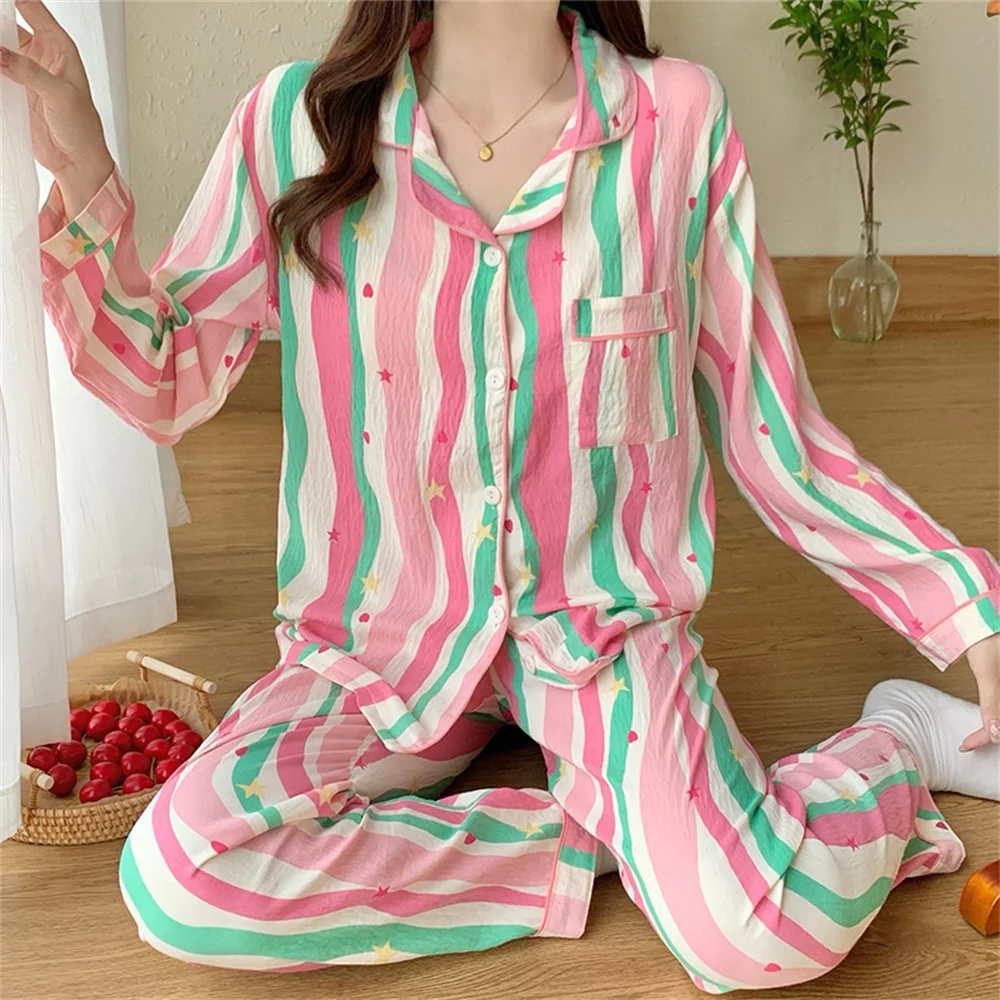 Bunt gestreifte Damen pyjamas Set V-Ausschnitt Nachtwäsche Pyjama Herbst Langarm Home Wear Studenten Lounge wear Nachtwäsche