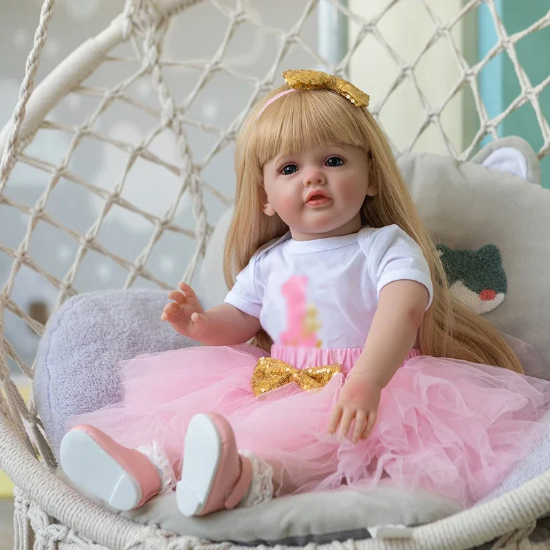 60CM Betty Standing Toddler Girl Princess Reborn Doll Long Blonde Hair in Pink Dress Soft Cuddly Body Gifts for Children