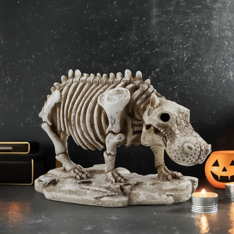 Creative Halloween Skeleton Hippo Figurines Resin Ornament Desk Craft For Indoor Festival Home Decoration Accessory Unique Gift
