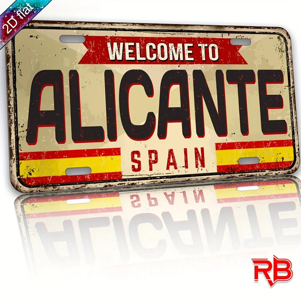 Placa de Alumínio Plana 2D - "Bem-vindo a Alicante, Espanha" |   Decoração de Parede em Metal com Listras Vermelhas e Amarelas, Perfeita para Casa, Café, Restaurante