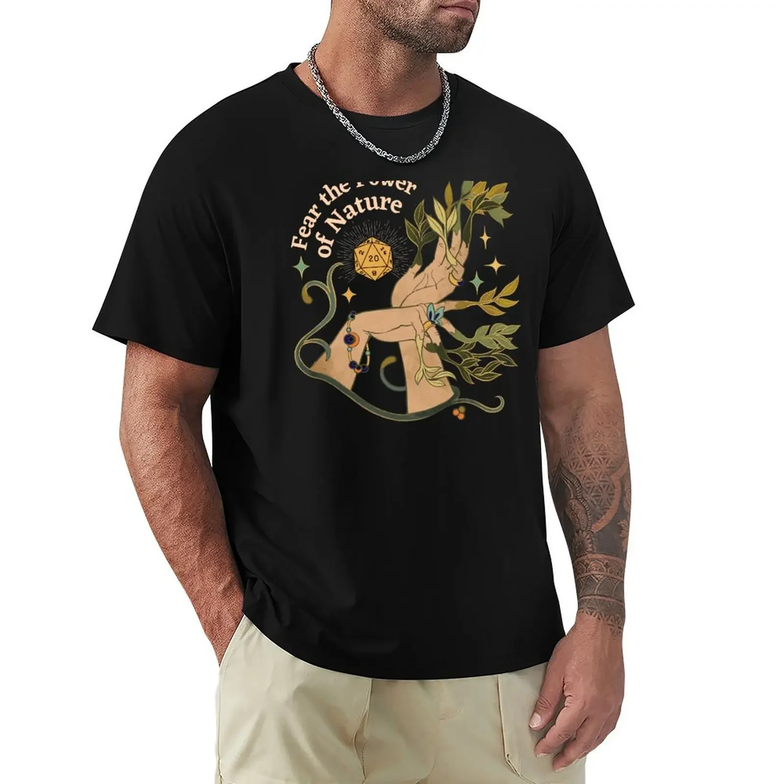 NATUUR DRUID, Dnd Dice, Botanische handen en sterren: Fear the Power of Nature T-shirt anime figuren heren effen t-shirts