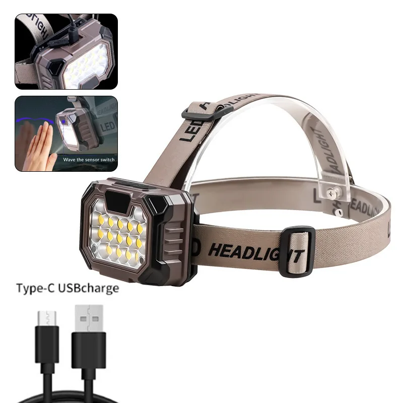 Strong Light Headlamp Mini LED Night Fishing Powerful Display Torch Head Lamp Type-C Charging Outdoor Waterproof Camping