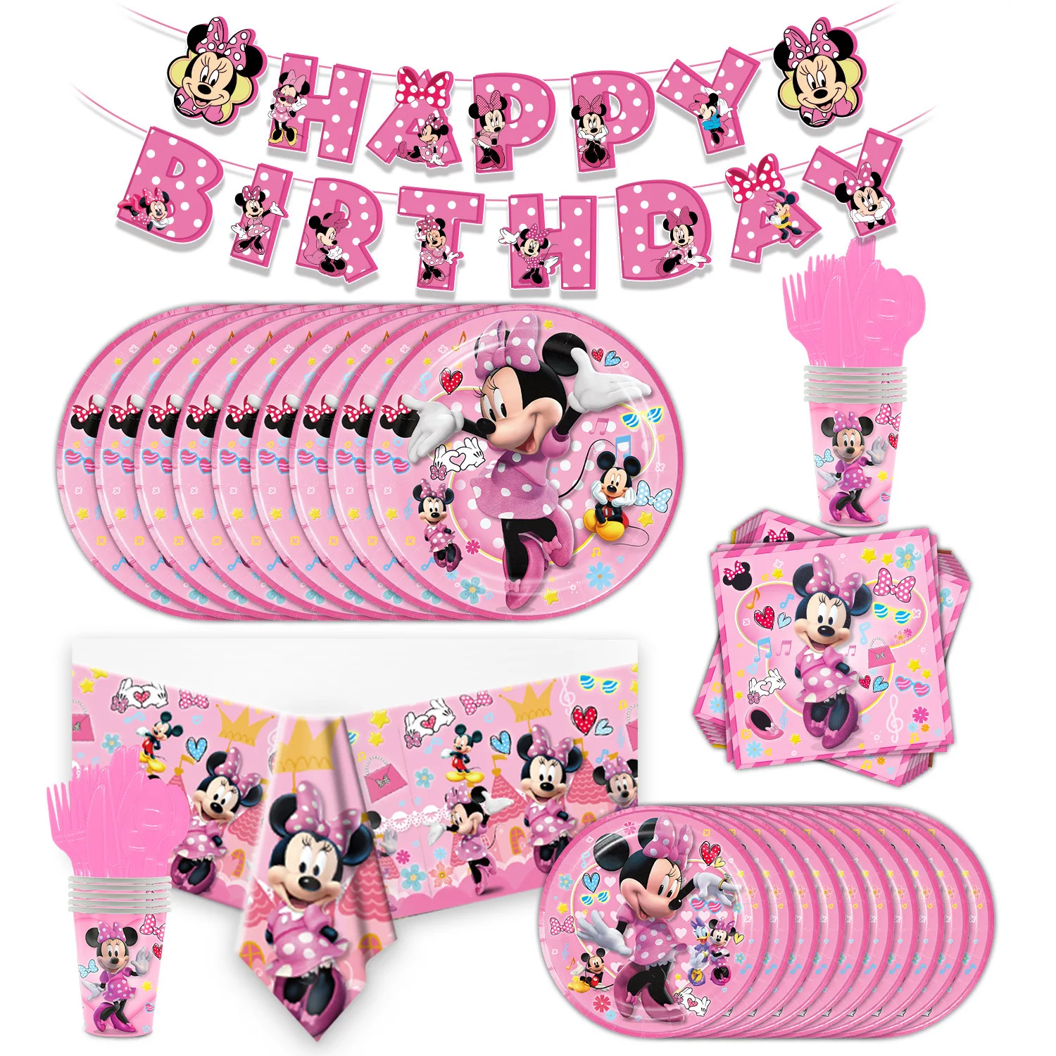 

Minnie children's birthday party decorations Tablecloth Paper towels knife fork spoon Cake large insert row paper plate cutlery