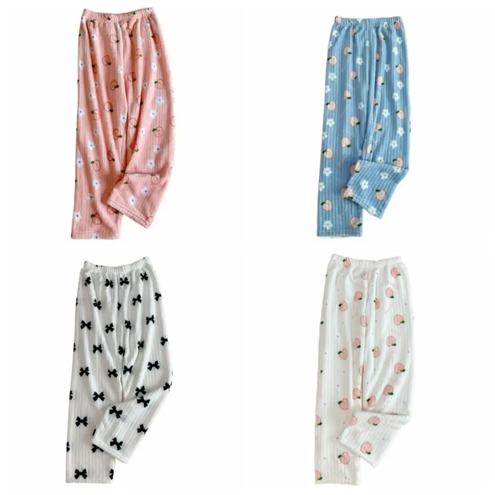 Kawaiii Bowknot الخوخ بنطلون بيجاما ملابس نوم فضفاضة زهرة الصوف بنطلون ملابس المنزل الحلو المرجان الصوف السراويل يوميا