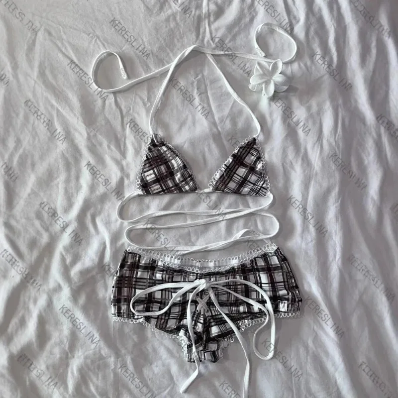 

Новый Y2K женский комплект бикини в стиле ретро, модный клетчатый ремень, шикарные сексуальные мини-шорты в стиле панк, пляжные девушки, готика, уличная одежда 2000-х годов, наряды