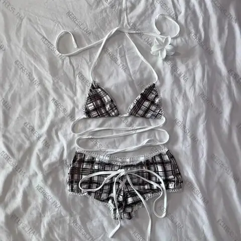 New Y2K Women Bikini Set Retro Fashion Plaid Strap Chic Sexy Punk Mini Shorts Hot Girls Beach Gothic 2000s Streetwear Outfits