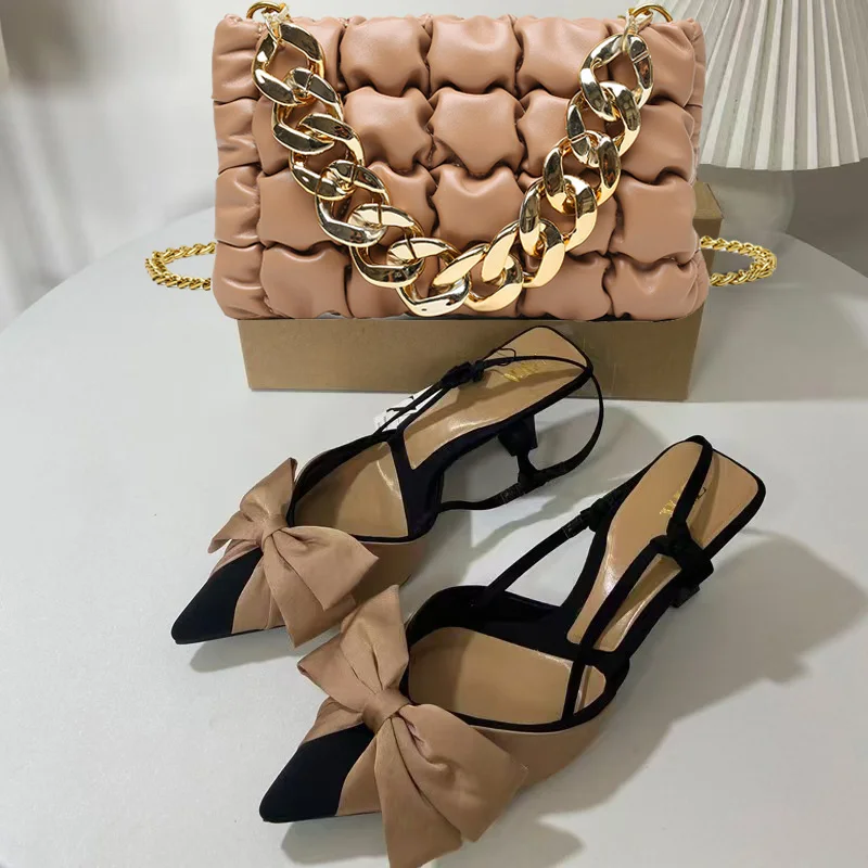 

2026 Women's Summer New French High-heeled Shoes with Pointed Bows Decorated with Strap Sandals Fashion Chain Shoulder Bag Set