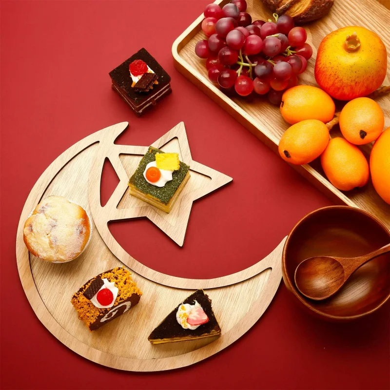 Ramadan-Holztablett, Mondstern-Geschirr, Eid Mubarak-Party-Serviergeschirr für Frühstück, Abendessen, Gebäck, Ausstellungshalter, Ornament