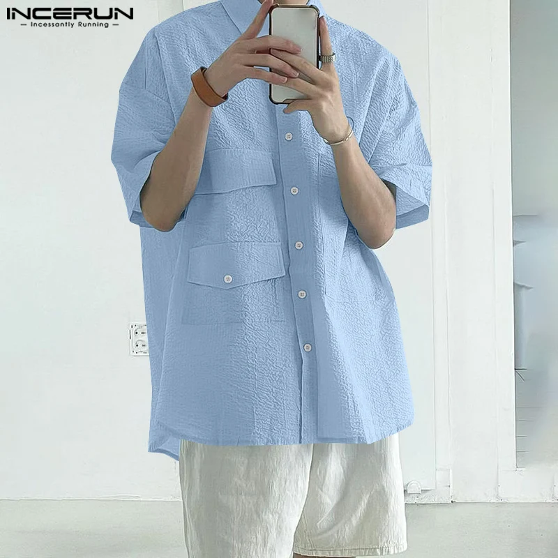 

INCERUN Lapel Half Sleeve Tops Men Shirts Fashion Casual Tops Tee Streetwear Solid Color Shirt Pockets Men's Clothing Oversize