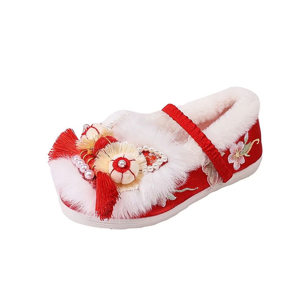 여아용 두꺼운 자수 한푸 신발, 수제 귀여운 만화 공주 플랫, 새해 고대 코스튬 탕 세트 신발, 가을 겨울