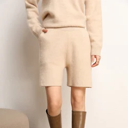 Autumn and Winter Women 100% Cashmere Short Trousers Soft Comfortable High-Waist Knitted Pants Lady Cashmere Thicken Solid Short