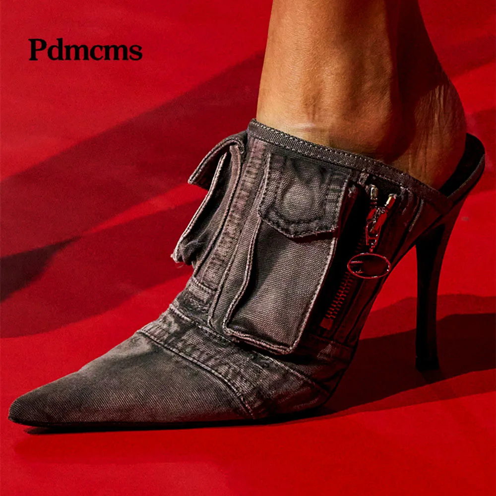 

Vintage Denim Pocket Pumps Pointed Toe Slingback High Heels Sexy Stilettos Zipper Patchwork Runway Shoes Women's Fashion Sandals