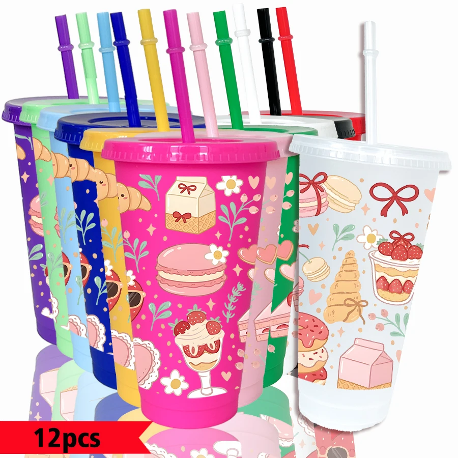 12pcs/pack Cake Flowers Bow Pattern 26oz Colored Plastic Party Cold Drink Cup for Back-to-school Birthday Gift