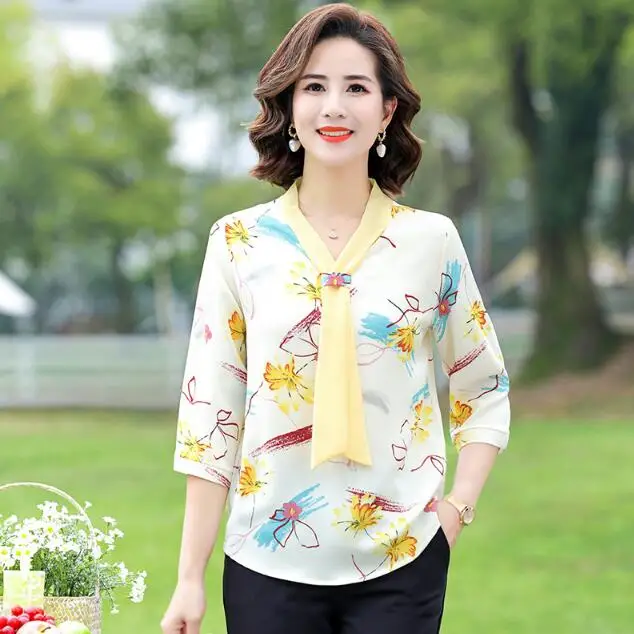 Mom's summer outfit chiffon shirt seven quarter sleeved women's T-shirt elderly women's shirt