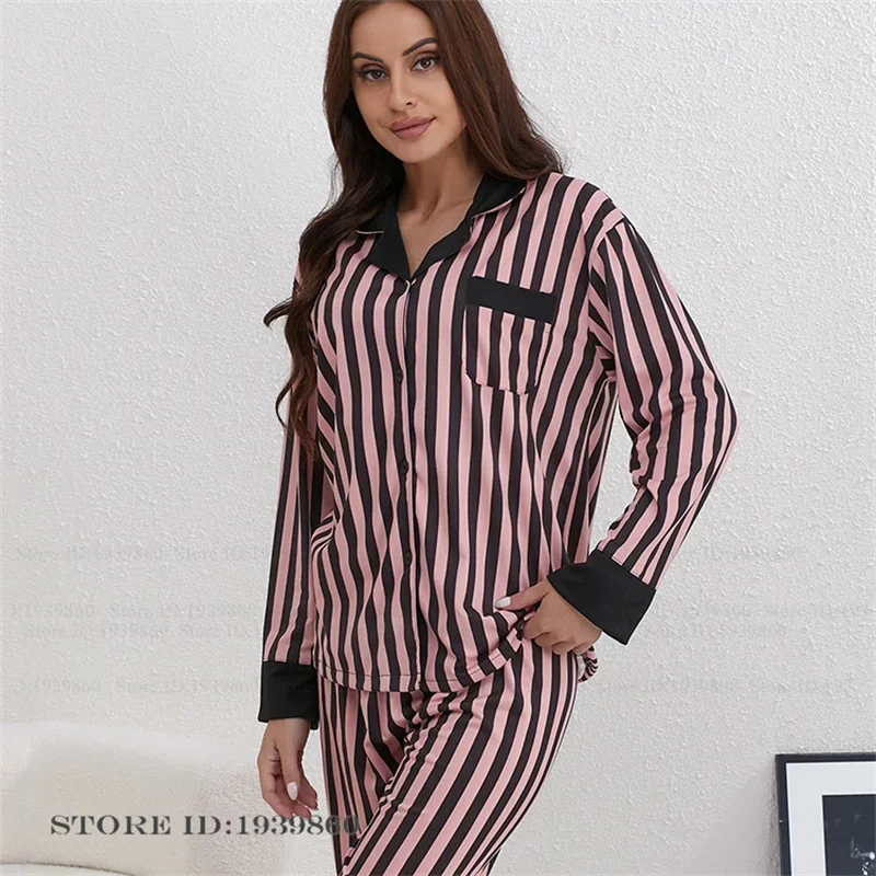 

Spring New Women's Pajamas Set Sleepwear Pink Black Stripe Long Sleeve Pijamas Suit Loose Casual Silj Satin Trouser Homewear