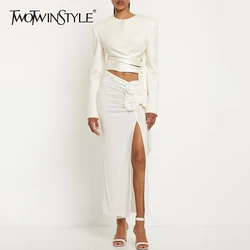 TWOTWINSTYLE Solid Two Piece Set For Women Round Neck Long Sleeve Top High Waist Spliced Appliques Skirt Slimming Sets Female