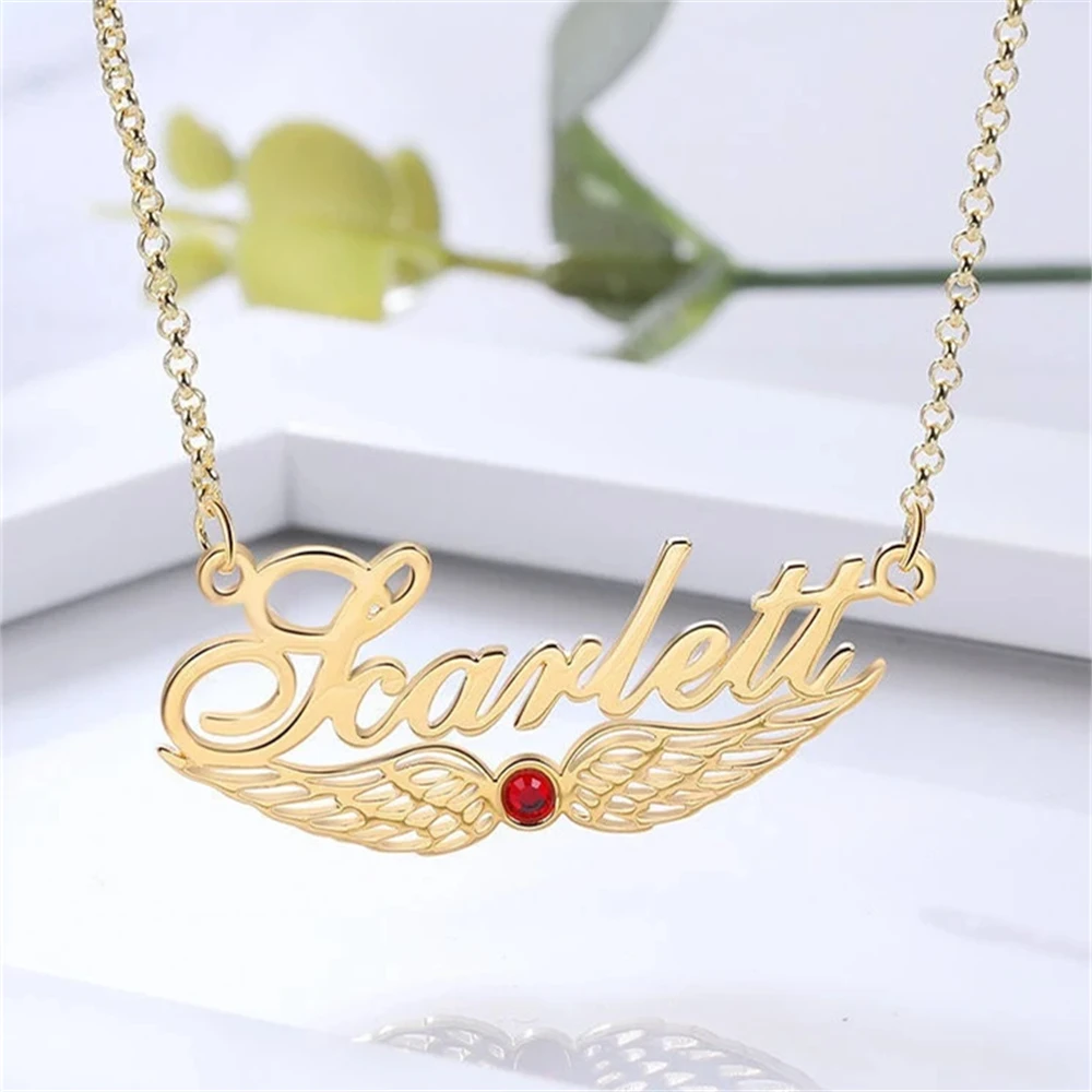 Custom Angle Wing Name Necklace Stainless Steel Choker Chain Personalizad Birthstone Nameplate Heart Necklace Mother's Day Gift