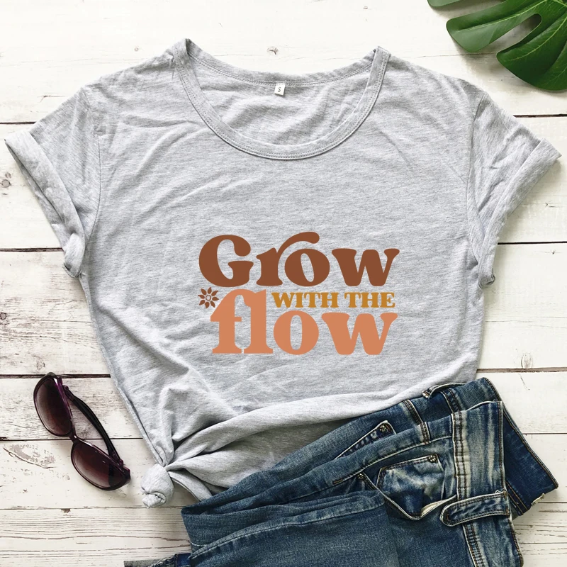 colored grow with the flow tshirt vintage women short sleeve Mental Health flower tee shirt top