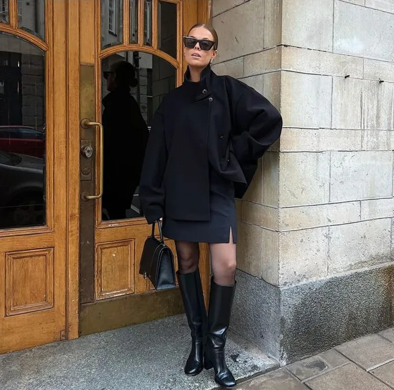 ストリートレディースショートウールコートスタンドカラーシングルブレスト長袖ポケットジャケット2026秋レディースカジュアル通勤アウター